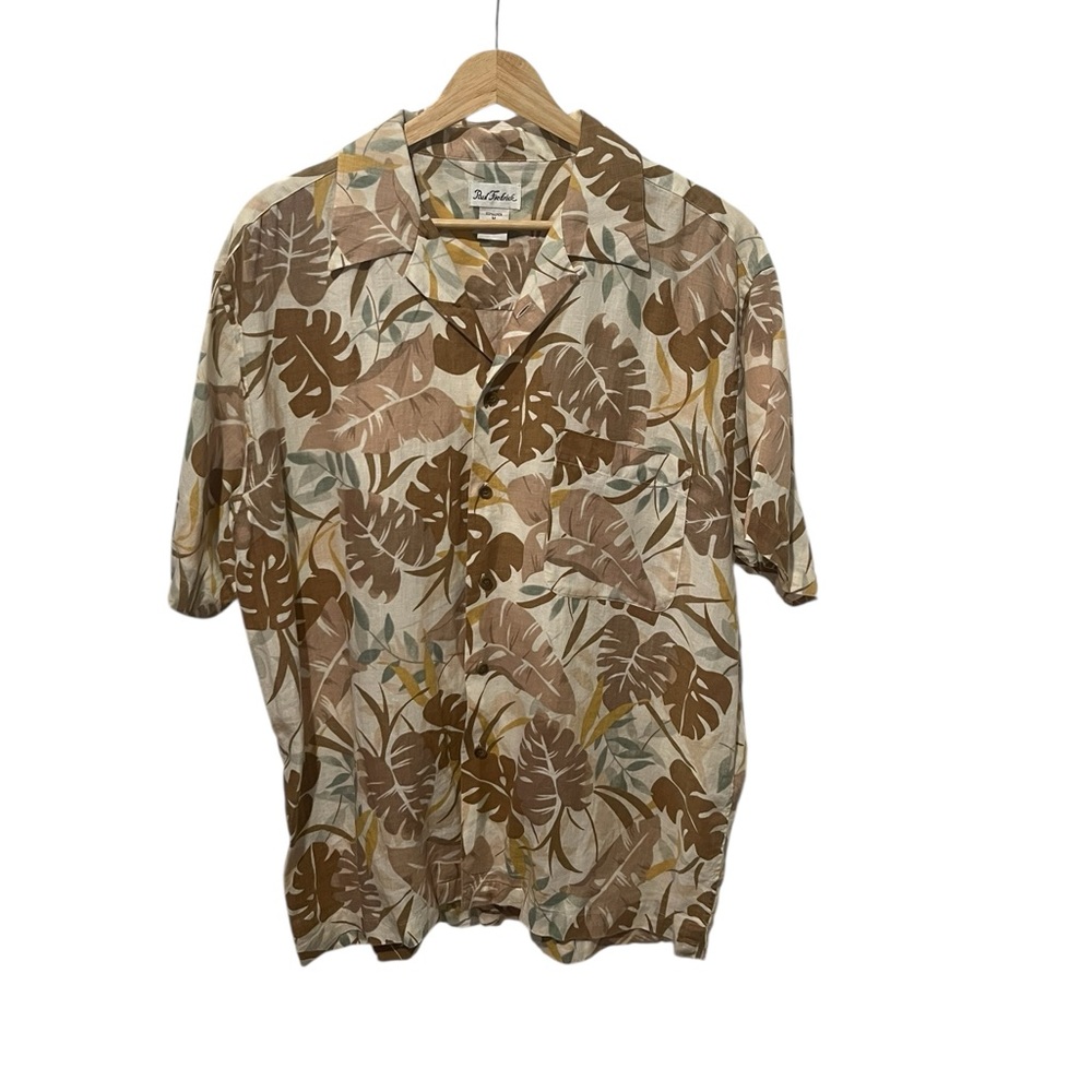 *NFS*Paul Fredrick 100% Linen Hawaiian Floral Leaf Print Brown Tones Button Up M